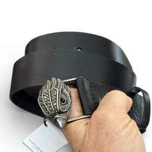 Kurt Geiger black leather Kensington belt S/M antiqued silver eagle head NEW